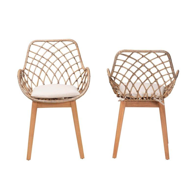 Gri Yıkama Maun Ahşap Minderli Kolçaklı 2li Set Rattan Sandalye - 84 cm - 251995
