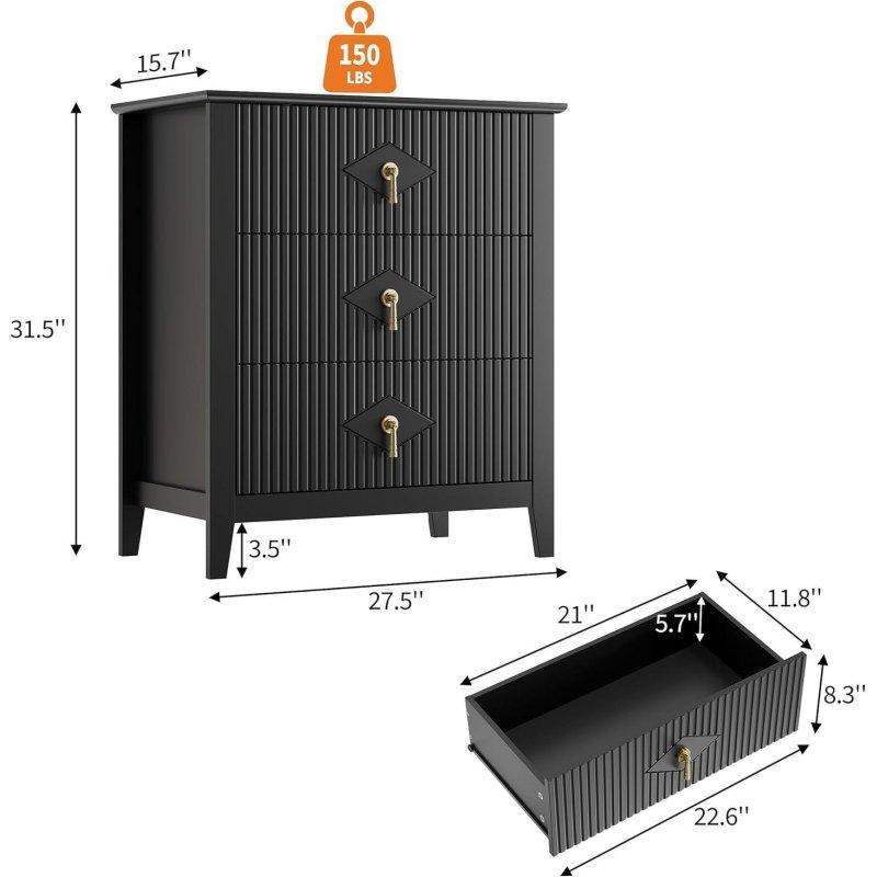 Gri Yivli MDF 3 Çekmeceli Şifonyer - 70 cm - 297919