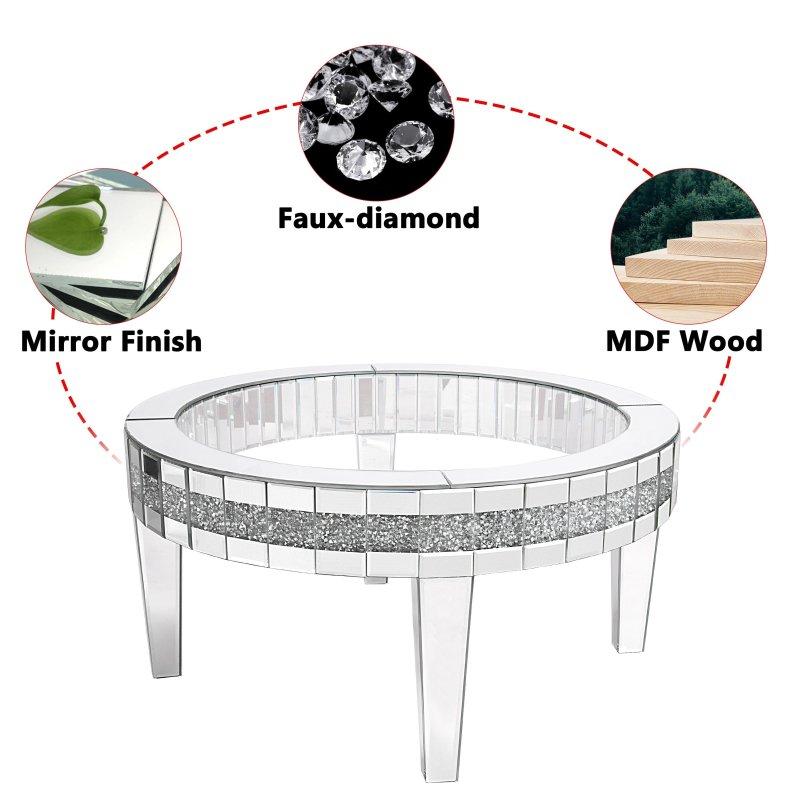 Gümüş Aynalı Kristal Dolgulu Cam Yuvarlak Orta Sehpa - 91x45 cm - 239905