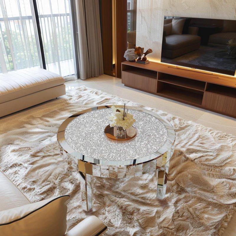 Gümüş Aynalı Kristal Taşlı Yuvarlak Orta Sehpa - 81 cm - 243180