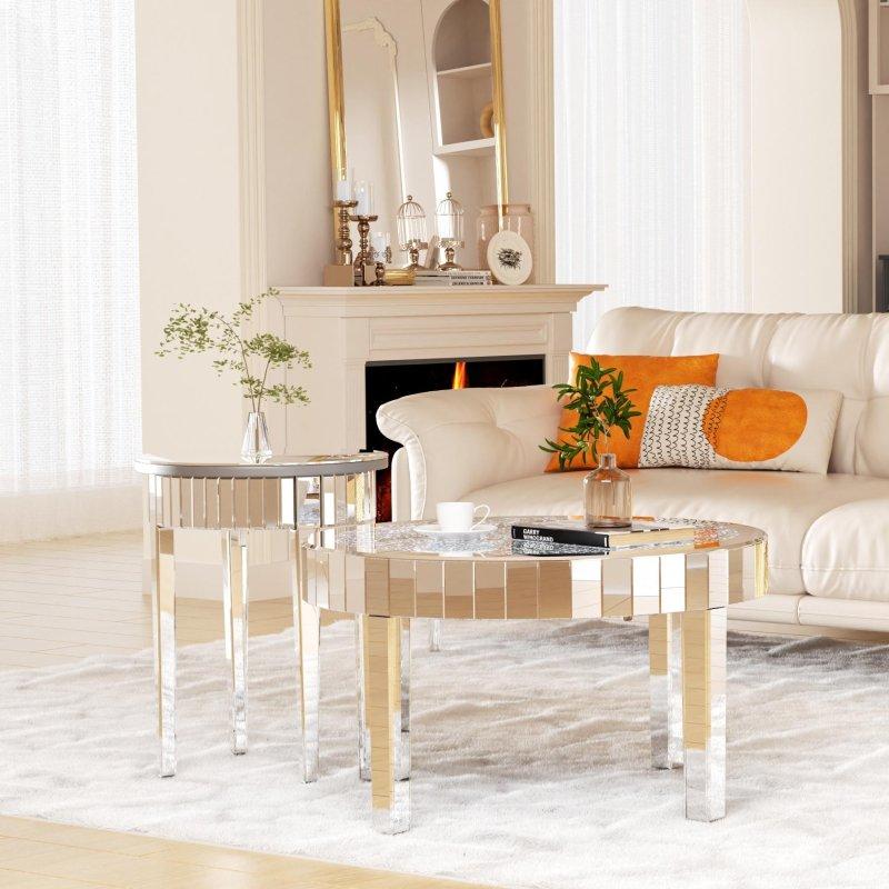 Gümüş Aynalı Kristal Taşlı Yuvarlak Orta Sehpa - 81 cm - 243180
