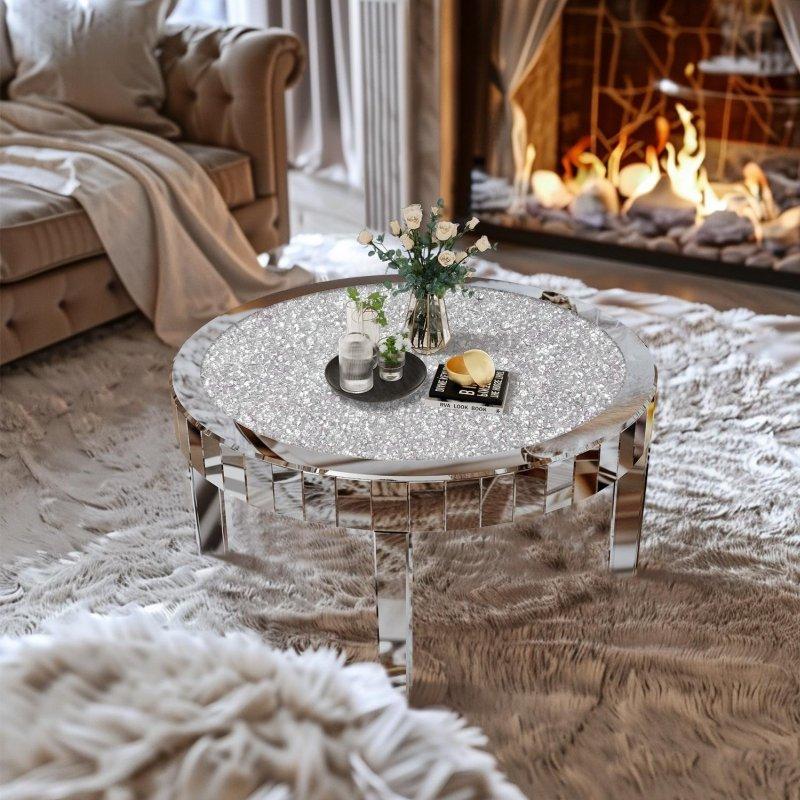 Gümüş Aynalı Kristal Taşlı Yuvarlak Orta Sehpa - 81 cm - 243180