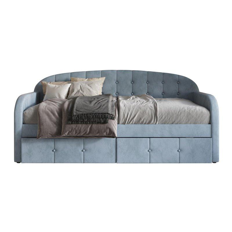Gümüş Gri Kadife Masif Ahşap Kapitoneli Çekmeceli Daybed Karyola - 330509