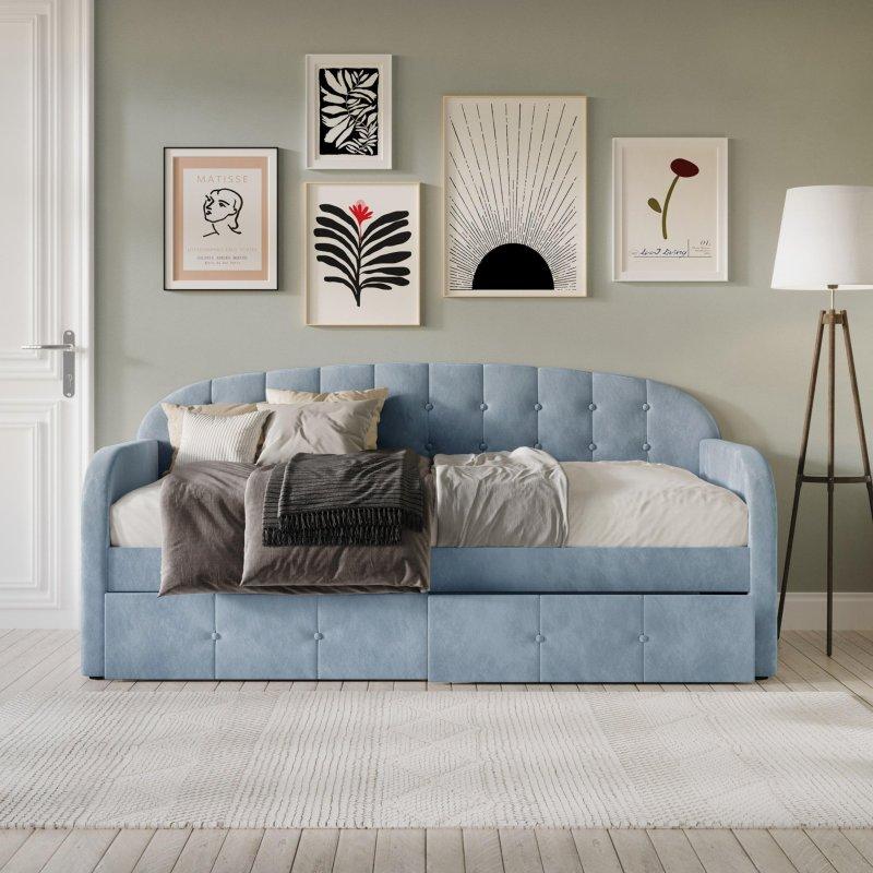 Gümüş Gri Kadife Masif Ahşap Kapitoneli Çekmeceli Daybed Karyola - 330509 Gümüş Gri Kadife Masif Ahşap Kapitoneli Çekmeceli Daybed Karyola - 330509
