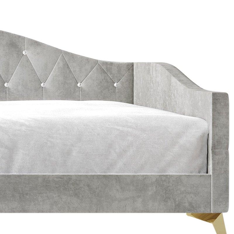 Gümüş Grisi Kadife Kumaş Kristal Düğmeli Kapitoneli Metal Ayaklı Daybed Karyola - 207x107 cm - 330320