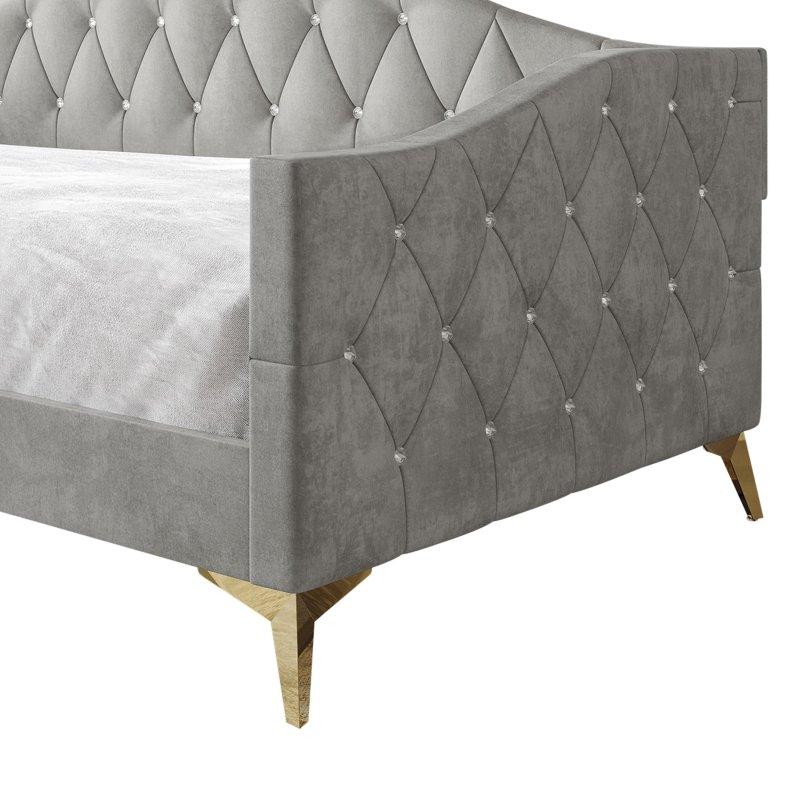 Gümüş Grisi Kadife Kumaş Kristal Düğmeli Kapitoneli Metal Ayaklı Daybed Karyola - 207x107 cm - 330320