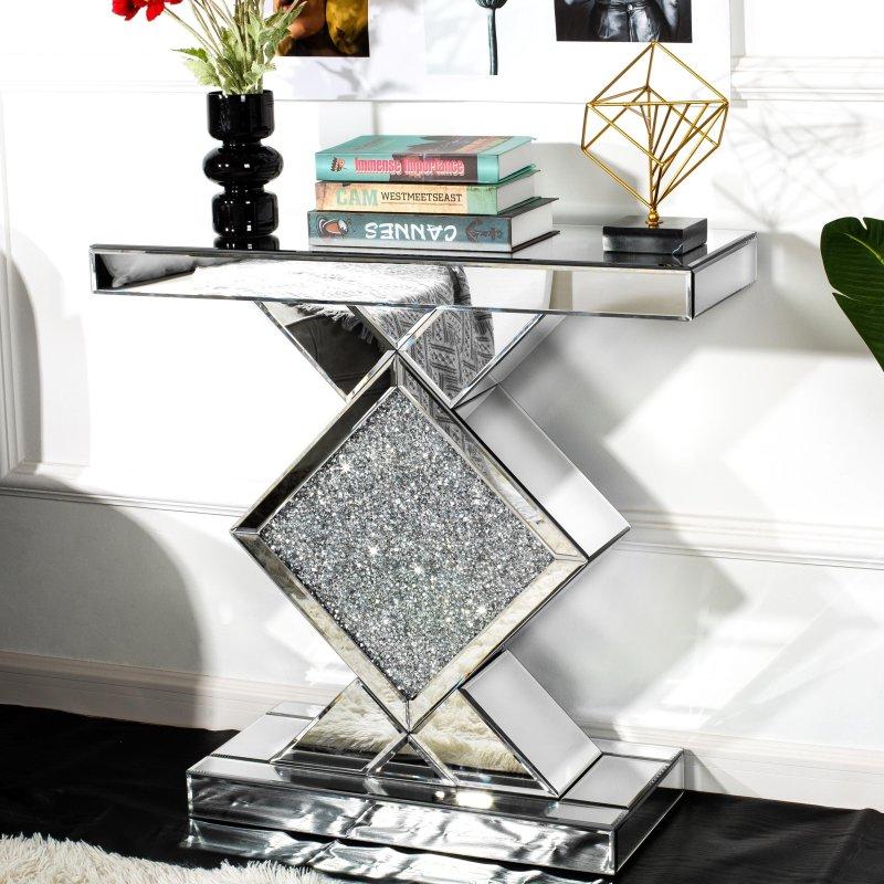 Gümüş MDF Aynalı Kristal Detaylı Geometrik Dresuar - 81x29x77 cm - 333154