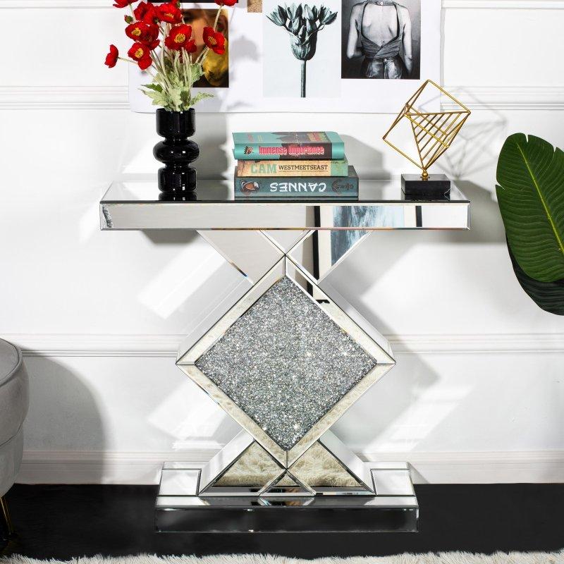 Gümüş MDF Aynalı Kristal Detaylı Geometrik Dresuar - 81x29x77 cm - 333154