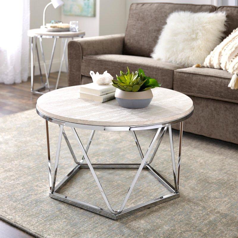 Gümüş Metal Geometrik Ayaklı Mermer Desenli MDF Yuvarlak Orta Sehpa - Ø82 cm - 239883