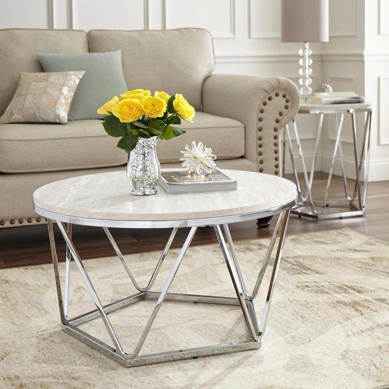 Gümüş Metal Geometrik Ayaklı Mermer Desenli MDF Yuvarlak Orta Sehpa - Ø82 cm - 239883