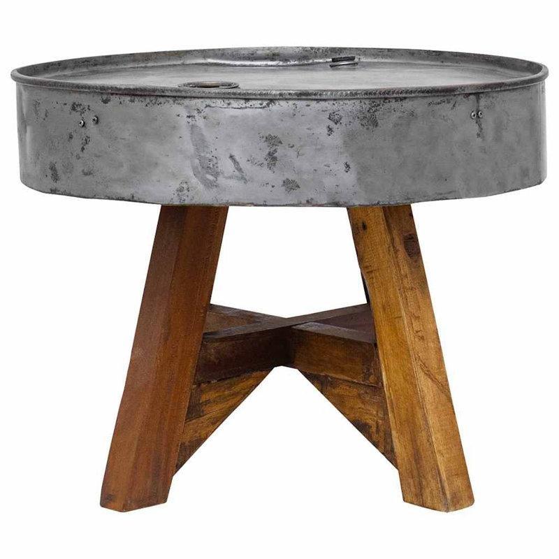 Gümüş ve Kahverengi El Yapımı Geri Dönüştürülmüş Ahşap ve Çelik Endüstriyel Yuvarlak Orta Sehpa - Ø60x45 cm - 244731