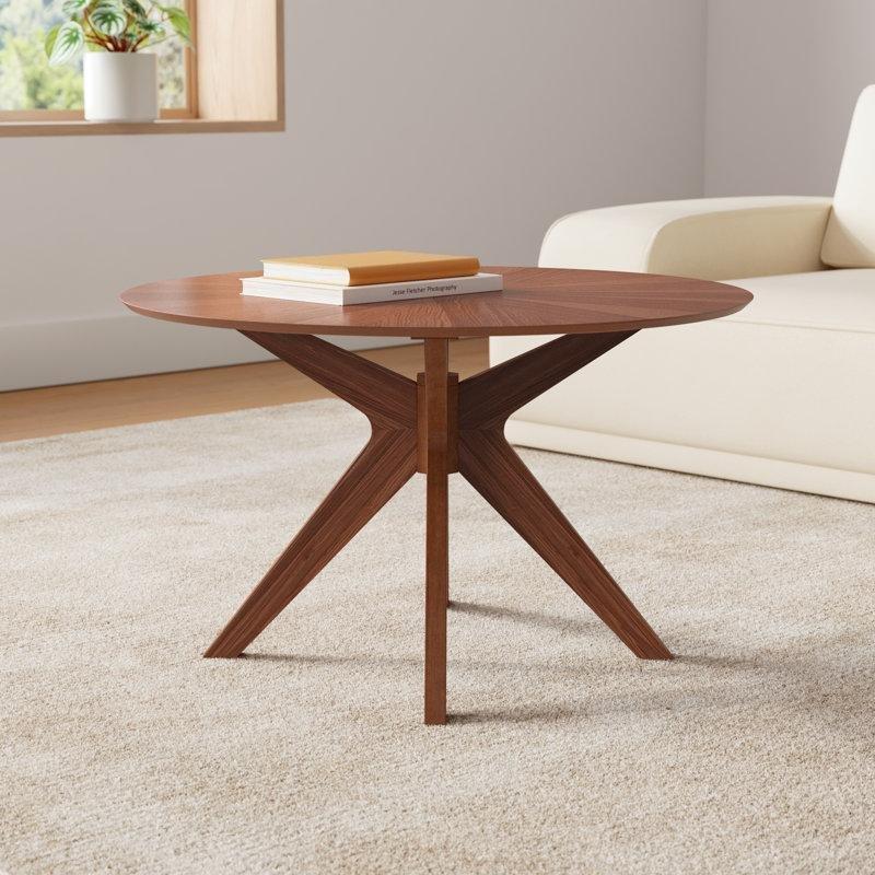 Güneş Işığı Motifli Masif Ahşap Bumerang Ayaklı Yuvarlak Orta Sehpa - 77 cm - 245074