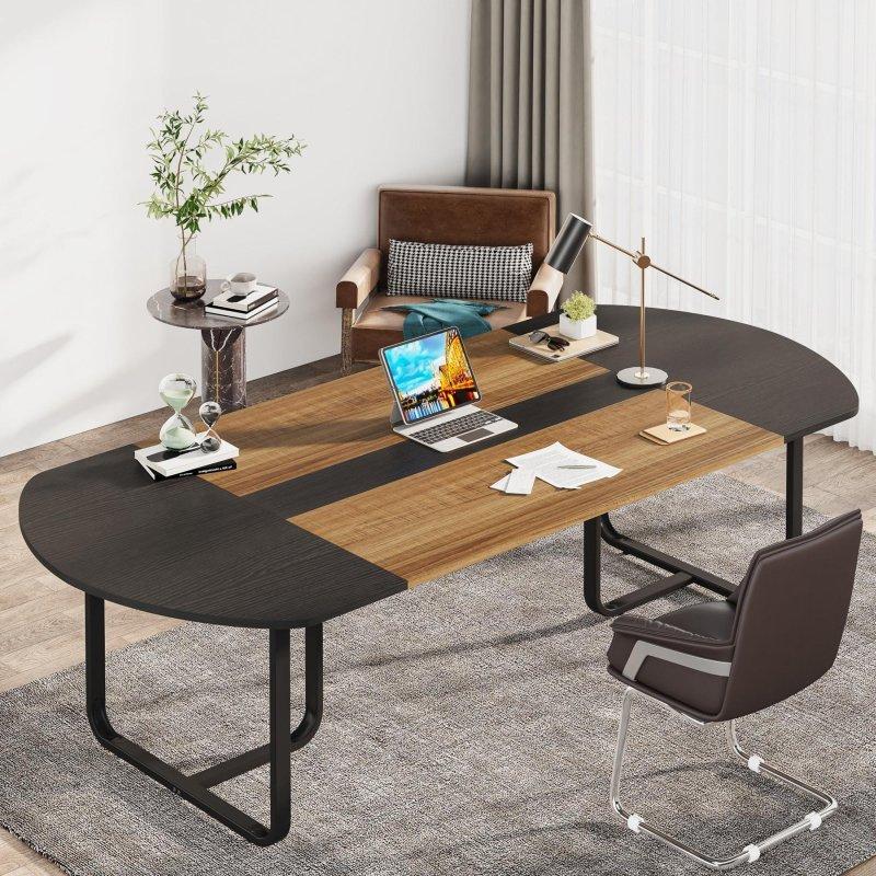 İki Renkli Metal Ayaklı Ahşap Oval Ofis Masası - 180x90 cm - 326776