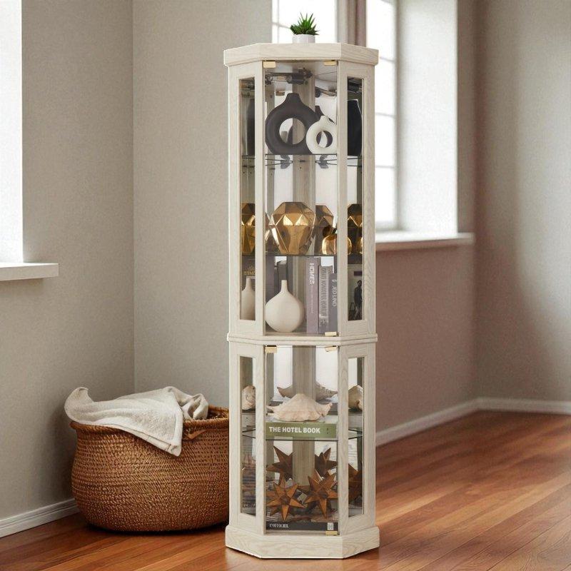 Işıklı Aynalı Cam Kapaklı Ayarlanabilir Raflı MDF Köşe Kitaplık - 39x39x178 cm - 313758