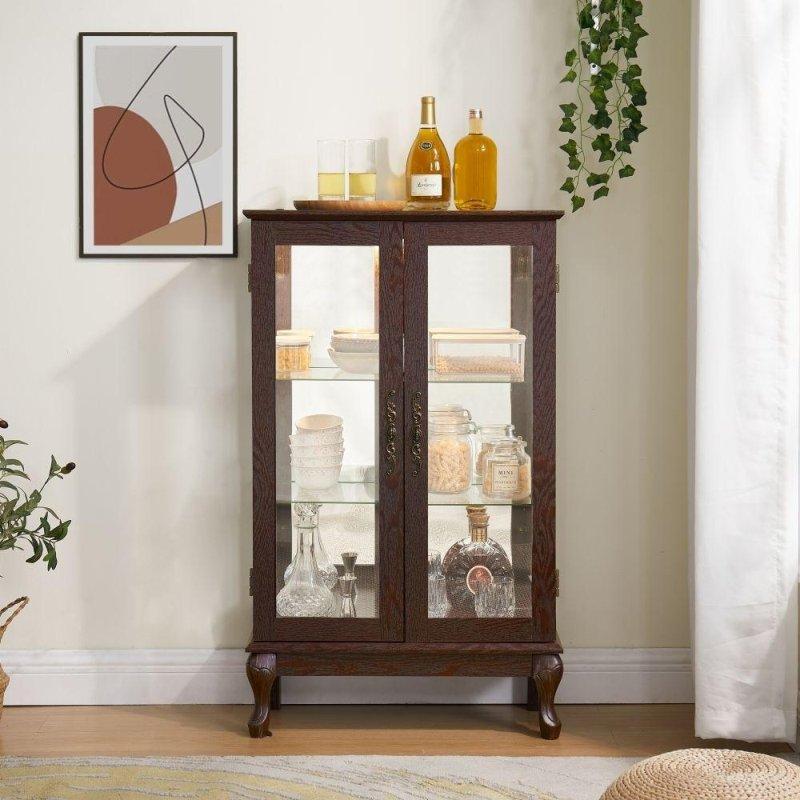 Işıklı Cam Kapaklı Aynalı Sırt Panelli Eskitme MDF Kitaplık - 320282