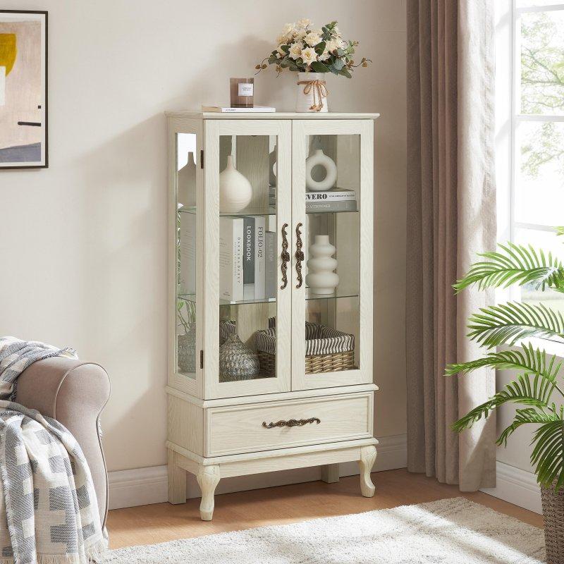 Işıklı Cam Kapaklı Çekmeceli MDF Köşe Kitaplık - 66x31x131 cm - 313171