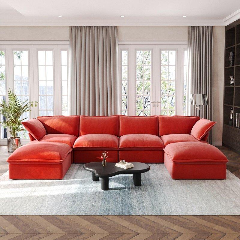 Kadife Ahşap Modüler U Şekilli Puflu Köşe Koltuk Takımı - 414x212 cm - 255821