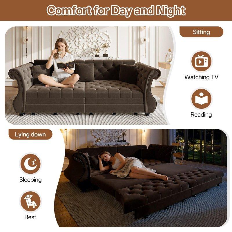Kadife Çiçek Kapitoneli Kıvrık Kollu Yataklı Bohem Koltuk - 248 cm - 277352