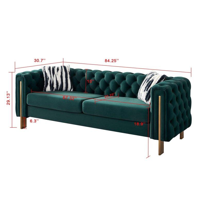 Kadife Derin Kapitoneli Gold Metal Ayaklı 3 Kişilik Bohem Koltuk - 214 cm - 282248
