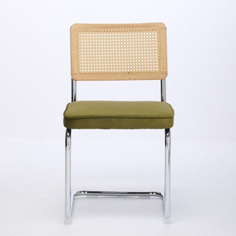 Kadife Döşemeli El Örgüsü Rattan Sırtlı Krom Konsol Ayaklı Rattan Sandalye 2li Set - 81 cm - 251453