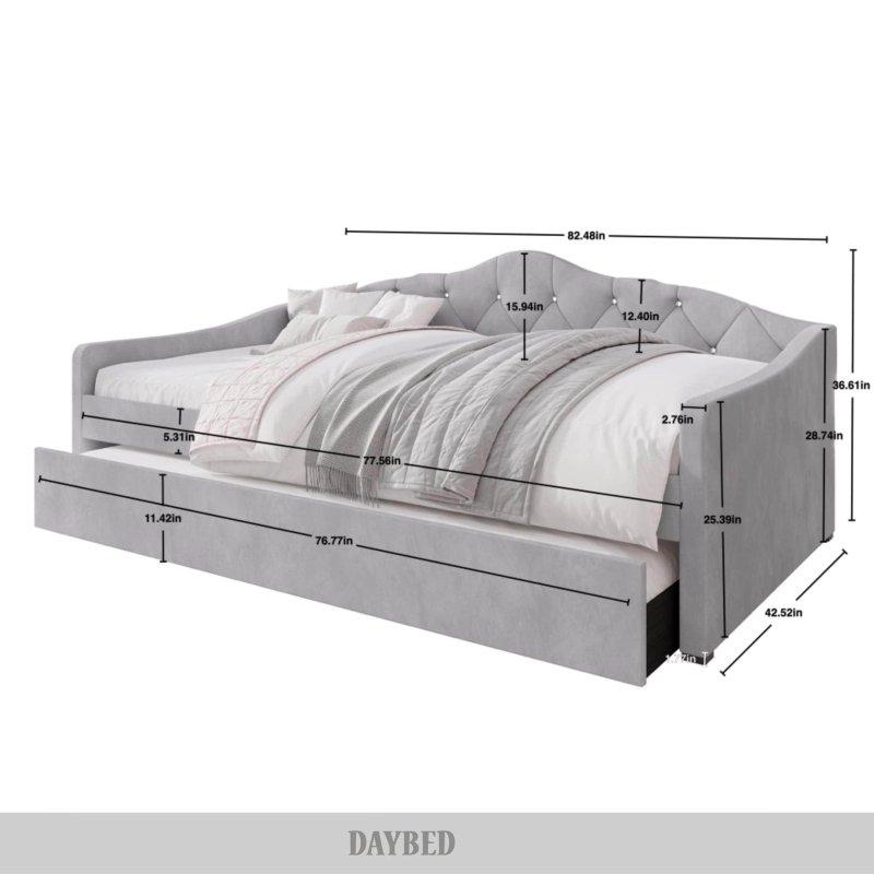 Kadife Döşemeli Masif Ahşap Kristal Düğme Kapitoneli Yavru Yataklı Daybed Karyola - 210x109 cm - 330575