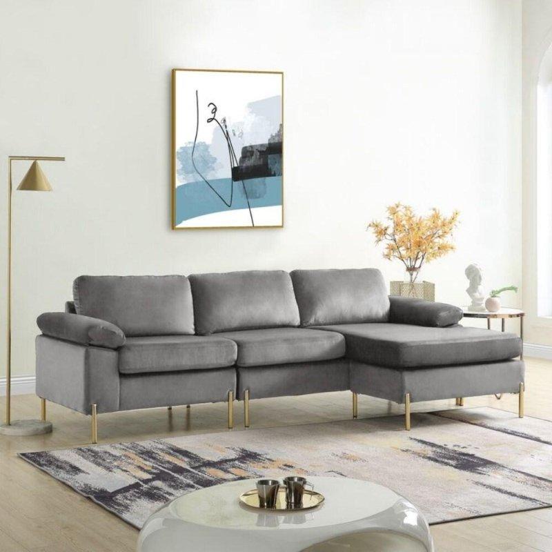 Kadife Döşemeli Metal Ayaklı Yönü Değiştirilebilir Köşe Koltuk - 257x132 cm - 255832