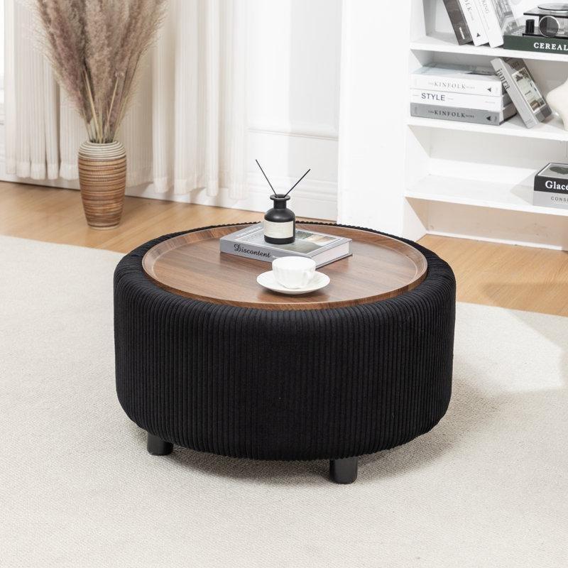 Kadife Döşemeli Saklama Alanlı Masif Ahşap Yuvarlak Orta Sehpa - 72x36 cm - 244894