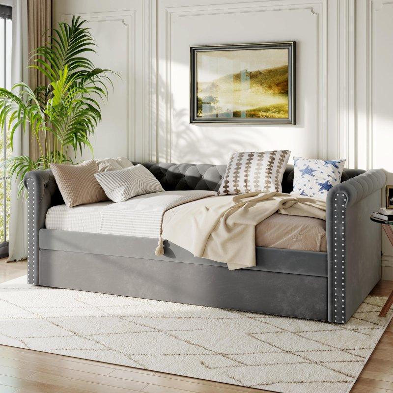 Kadife Kapitoneli Yavru Yataklı Daybed Karyola - 219 cm - 330102