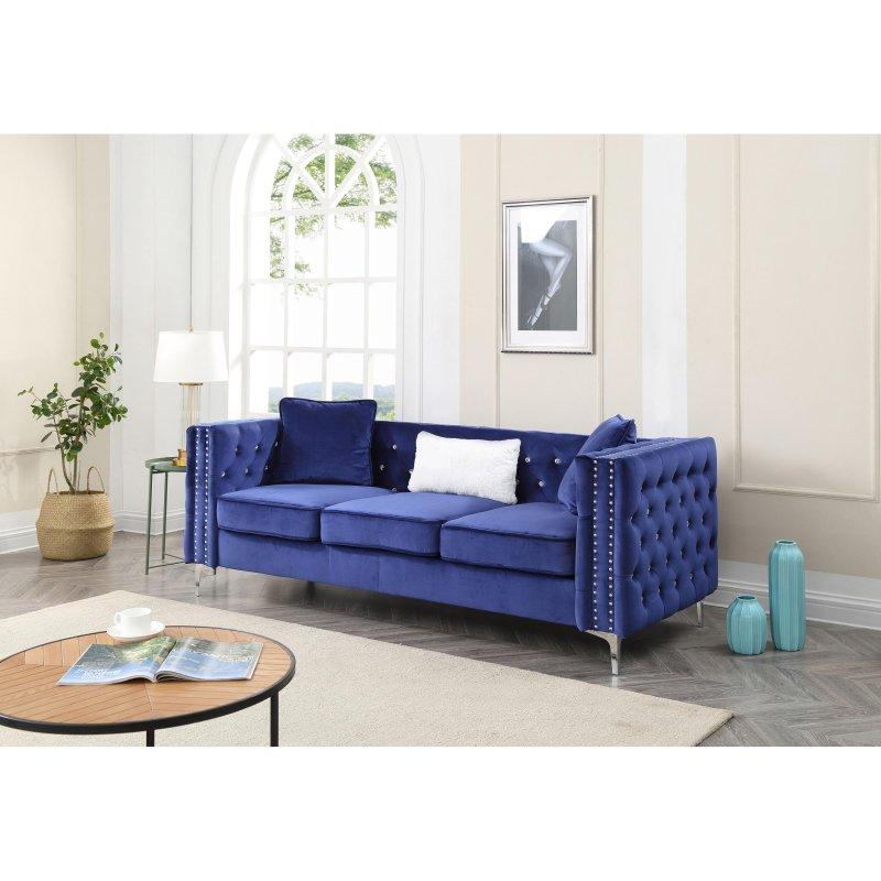 Kadife Kapitoneli Zımba Detaylı Krom Ayaklı Bohem Koltuk - 219x87x77 cm - 277243