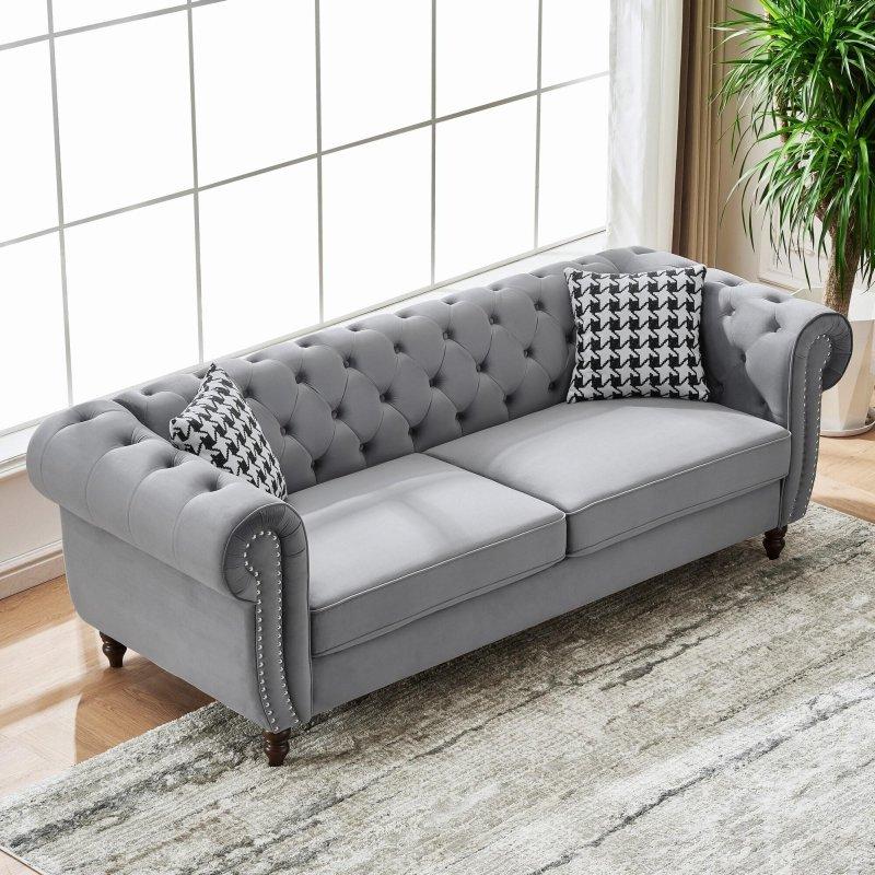Kadife Kumaş Masif Ahşap Zımba Detaylı 3 Kişilik Chesterfield Bohem Koltuk - 221 cm - 281080