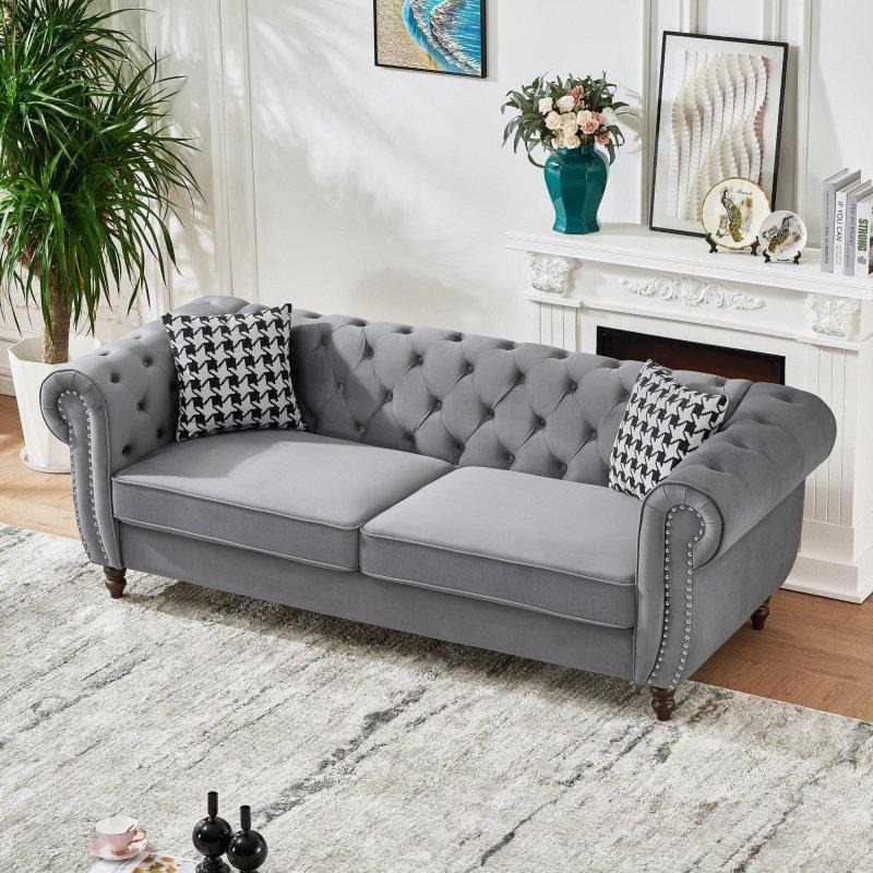 Kadife Kumaş Masif Ahşap Zımba Detaylı 3 Kişilik Chesterfield Bohem Koltuk - 221 cm - 281080
