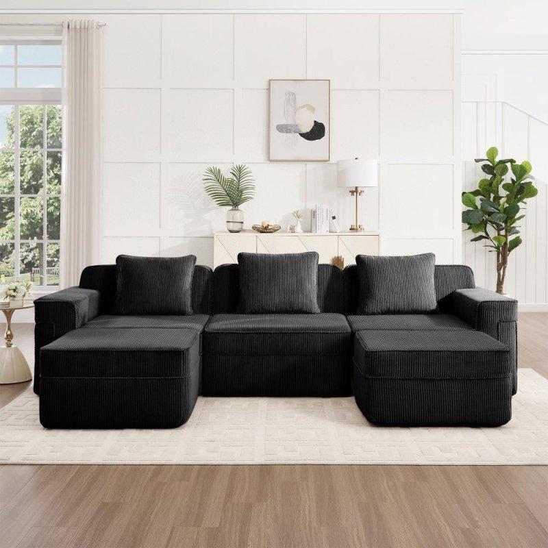 Kadife Kumaş Modüler 2 Puflu U Şekilli Köşe Koltuk - 298x182 cm - 256874