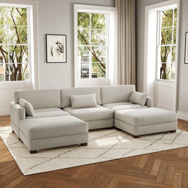 Kadife Kumaş Modüler Ayarlanabilir Başlıklı Puflu U Köşe Koltuk - 313x173 cm - 258943