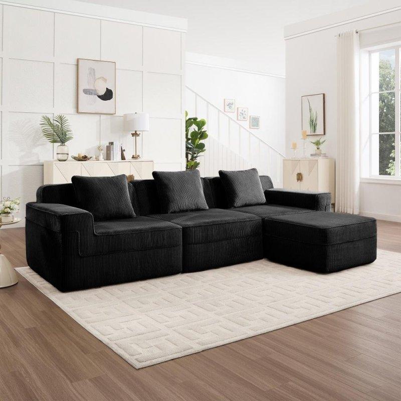 Kadife Kumaş Modüler Puflu Derin Oturumlu Köşe Koltuk - 298x182 cm - 256530