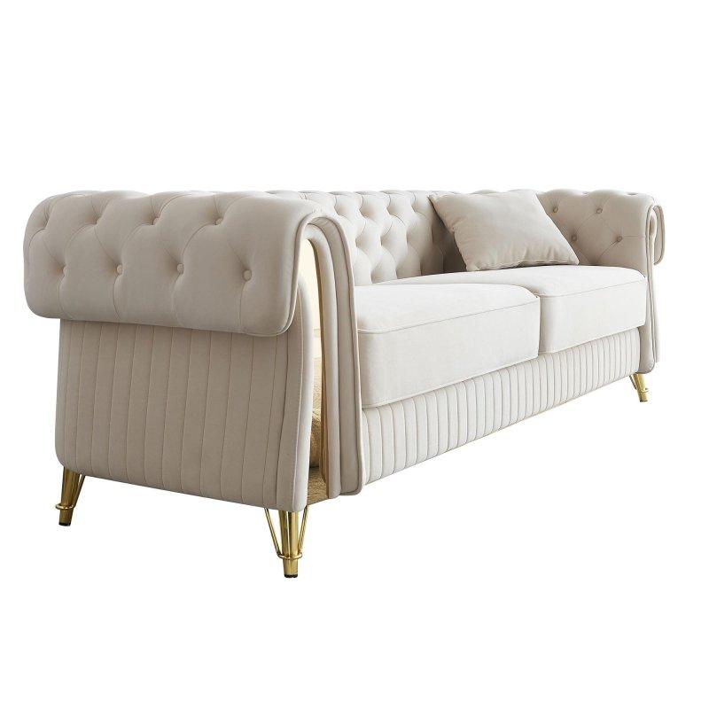 Kadife Masif Ahşap Kapitoneli Gold Detaylı Bohem Koltuk - 227x86x75 cm - 279262