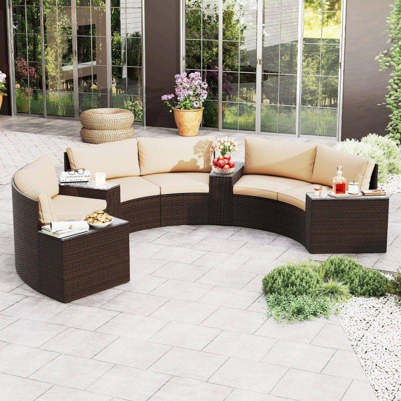 Kahve Tonları PE Rattan 7 Parça Kavisli Temperli Cam Sehpalı Bahçe Takımı - 269445