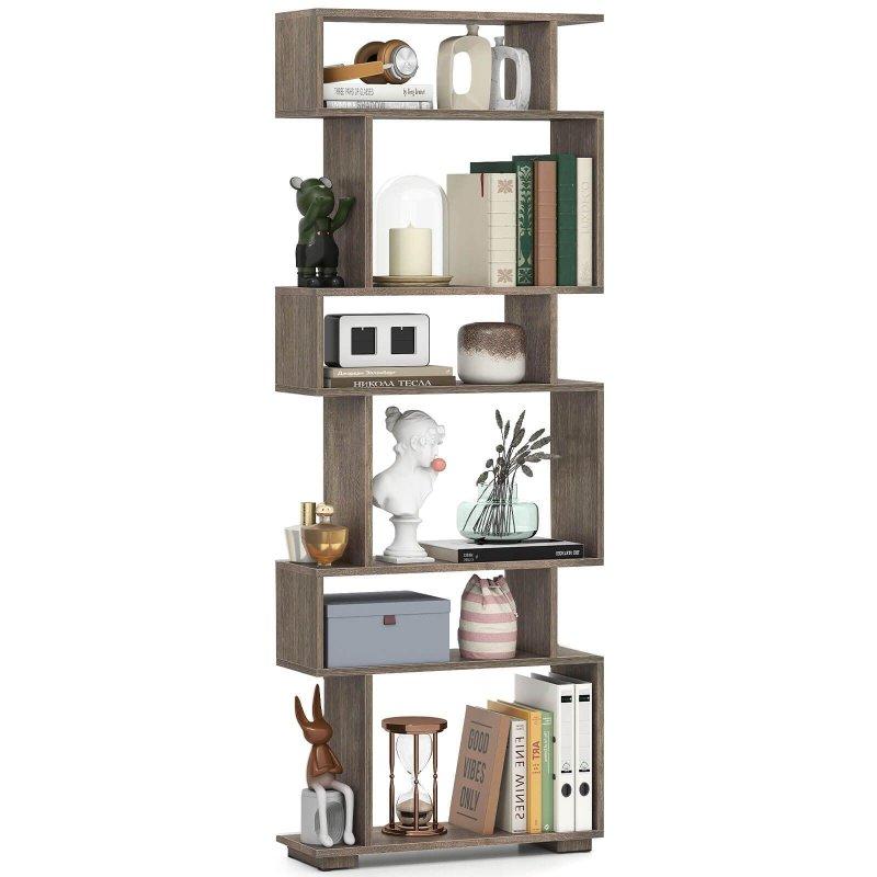 Kahverengi Ahşap 6 Raflı S Şekilli Geometrik Kitaplık - 163 cm - 312678