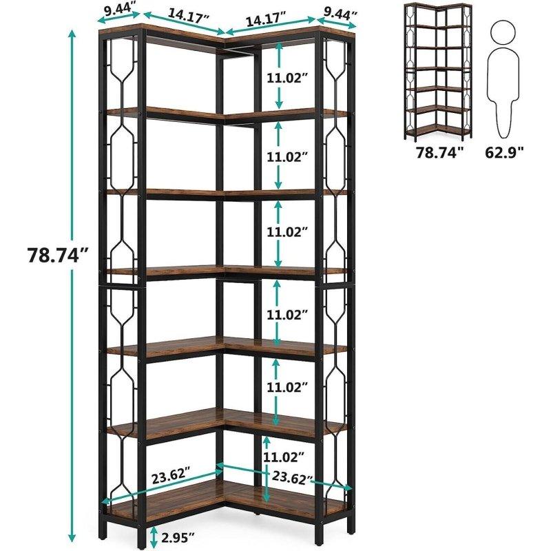 Kahverengi Ahşap 7 Raflı Endüstriyel Köşe Kitaplık - 60x25x200 cm - 314788