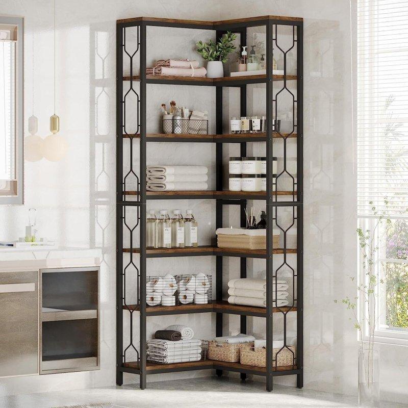 Kahverengi Ahşap 7 Raflı Endüstriyel Köşe Kitaplık - 60x25x200 cm - 314788