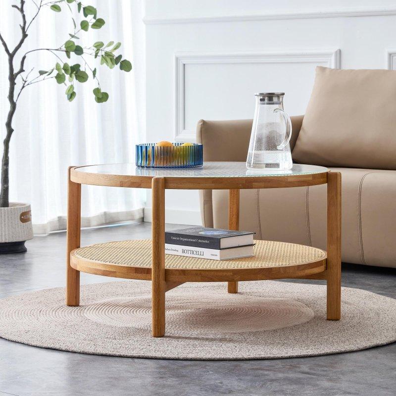 Kahverengi Ahşap Cam Tablalı Raflı Rattan Detaylı Yuvarlak Orta Sehpa - Çap 88 cm - 241646