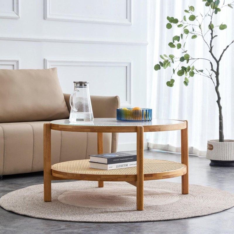 Kahverengi Ahşap Cam Tablalı Raflı Rattan Detaylı Yuvarlak Orta Sehpa - Çap 88 cm - 241646