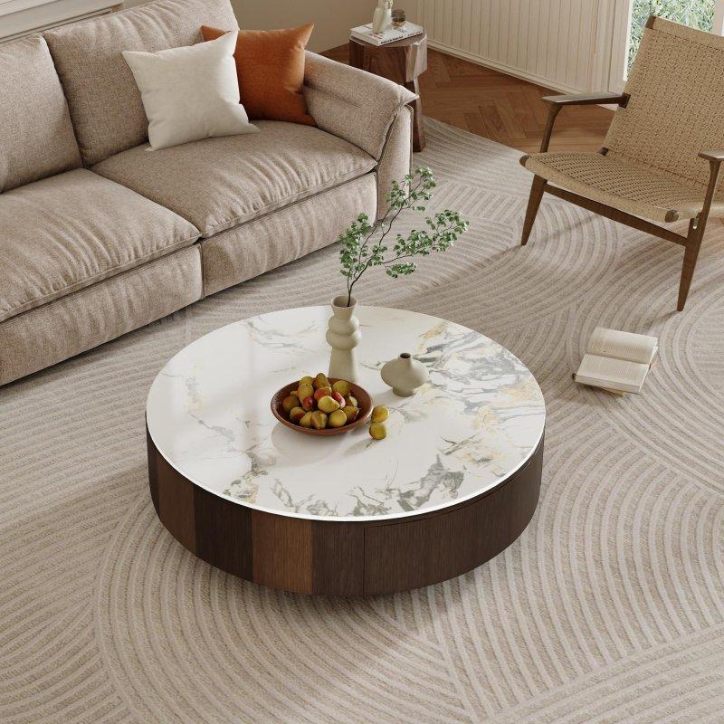 Kahverengi Ahşap Çekmeceli Mermer Desenli Yuvarlak Orta Sehpa - 90 cm - 243594