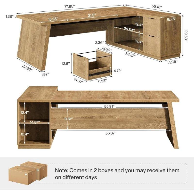 Kahverengi Ahşap Çekmeceli ve Raflı L Tipi Ofis Masası - 198 cm - 327833