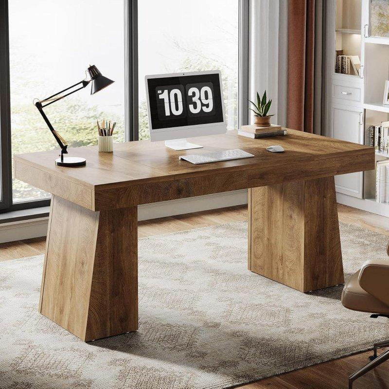 Kahverengi Ahşap Çift Yamuk Ayaklı Modern Ofis Masası - 140x70 cm - 327899