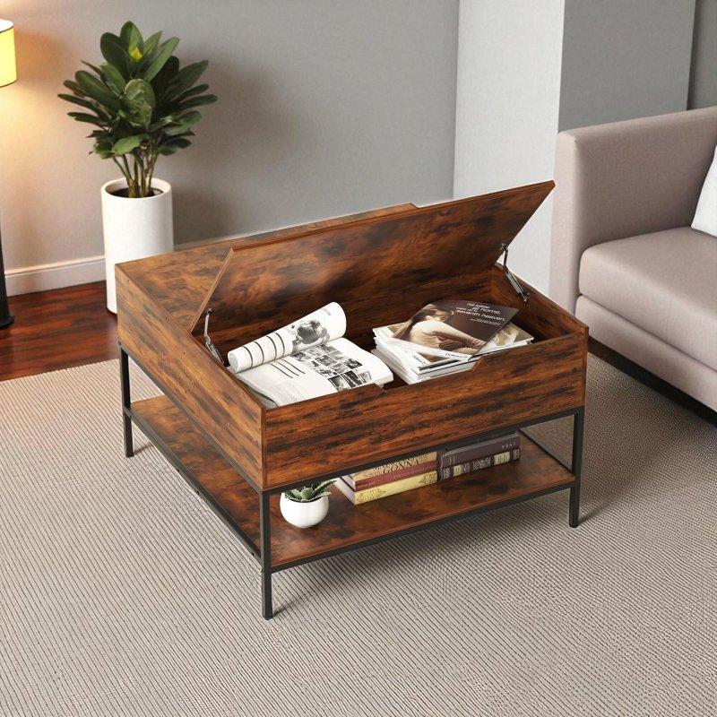 Kahverengi Ahşap Depolama Alanlı Kaldırılabilir Üst Tablalı Metal Ayaklı Akıllı Sehpa - 81x81x53 cm - 253558