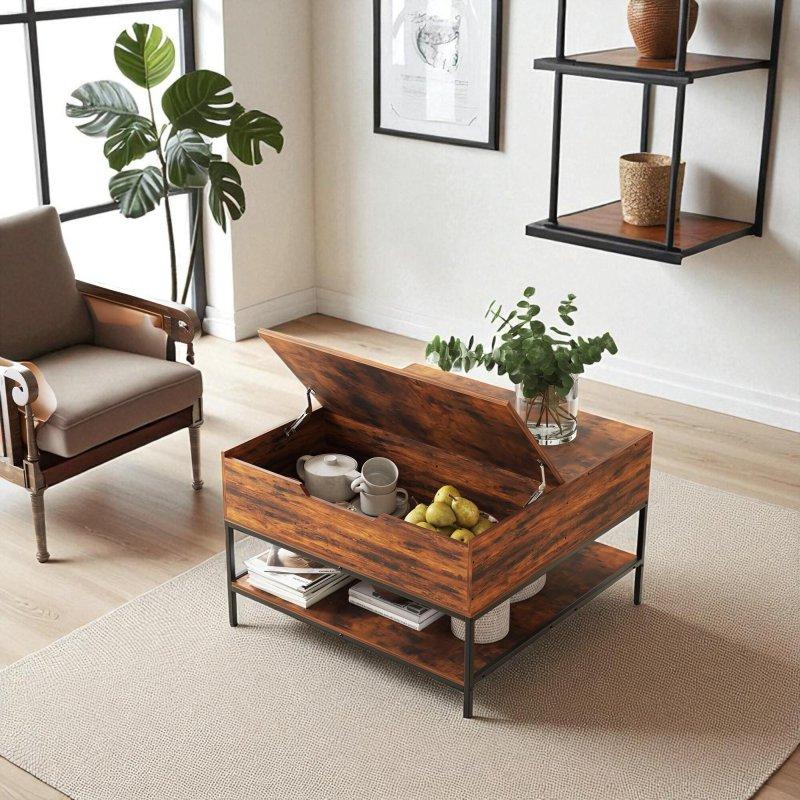 Kahverengi Ahşap Depolama Alanlı Kaldırılabilir Üst Tablalı Metal Ayaklı Akıllı Sehpa - 81x81x53 cm - 253558
