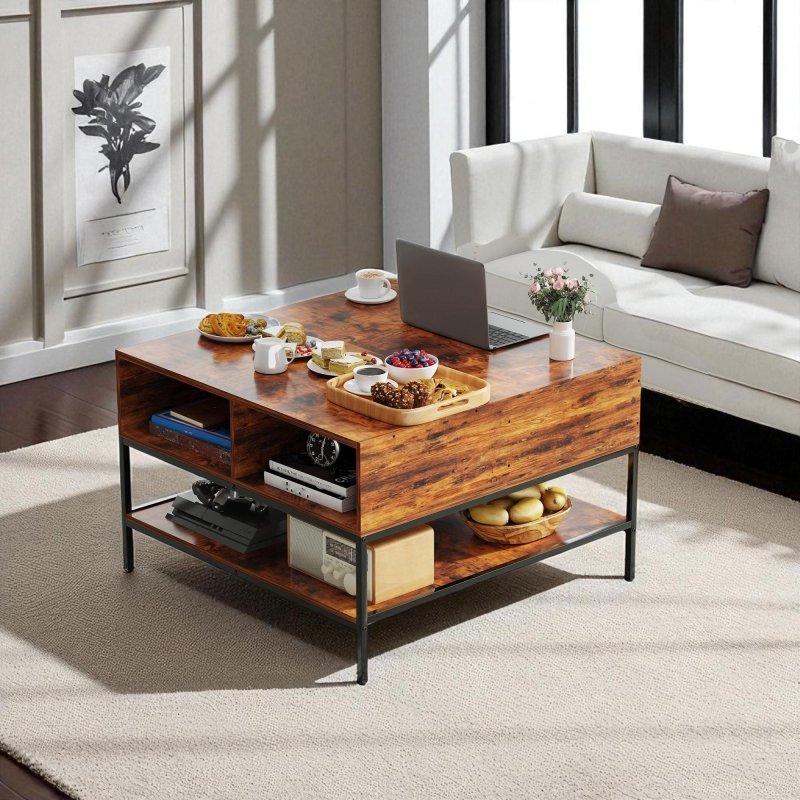 Kahverengi Ahşap Depolama Alanlı Kaldırılabilir Üst Tablalı Metal Ayaklı Akıllı Sehpa - 81x81x53 cm - 253558