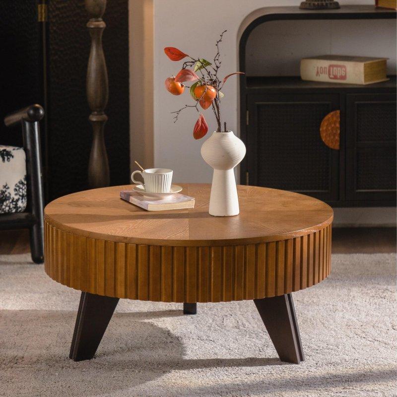 Kahverengi Ahşap Depolama Alanlı Retro Yuvarlak Orta Sehpa - 81 cm - 242550