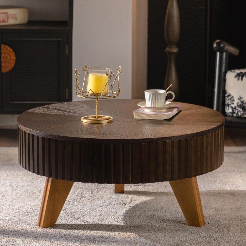 Kahverengi Ahşap Depolama Alanlı Retro Yuvarlak Orta Sehpa - 81 cm - 242550