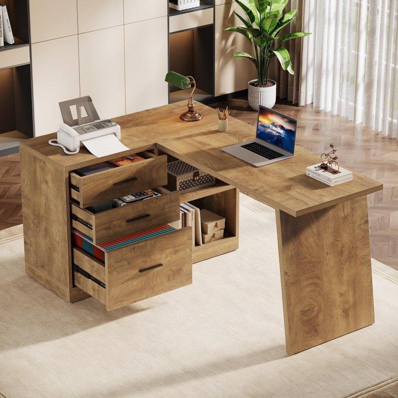 Kahverengi Ahşap Dosya Dolaplı Çekmeceli L Tipi Ofis Masası - 140x100x75 cm - 326743